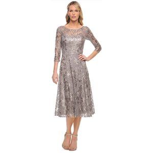 La Femme Silver - Sequined Tea Length Dress Size 12